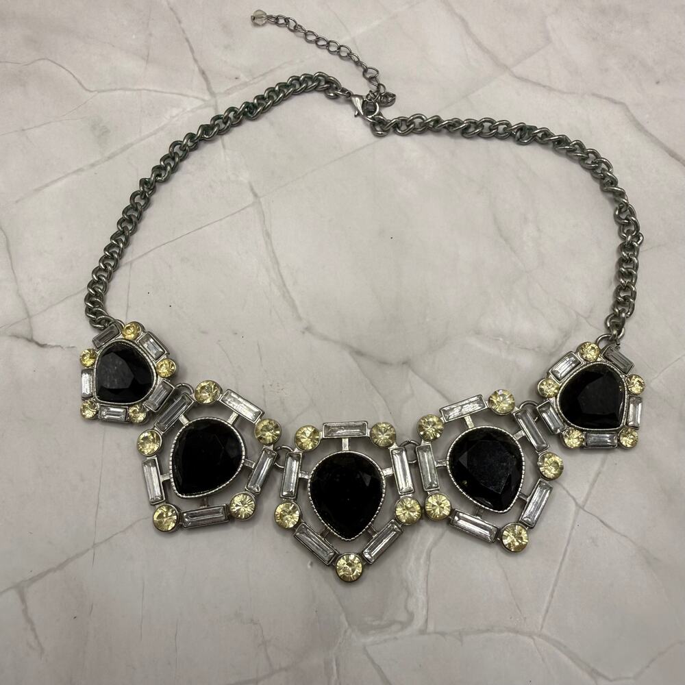 Vintage Black Rhinestone Bib Necklace Silver Tone Art Deco Revival
